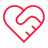 A thin red line forms a heart shape with two hands shaking in the center.